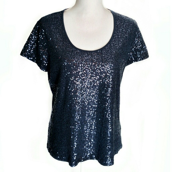 Kiara Tops - Navy Blue Sequin Front Short Sleeve Top size XL
